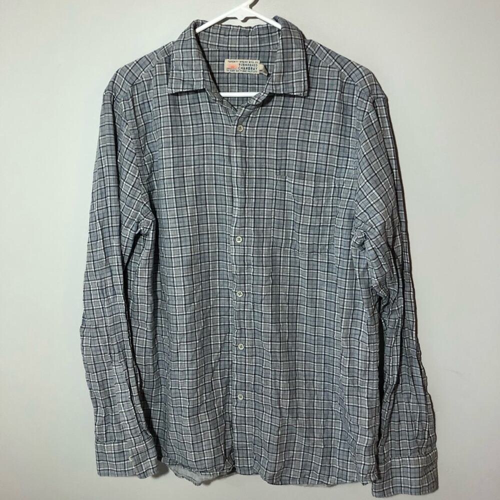 Faherty sunwashed chambray supima cotton mens grey plaid long sleeve button up